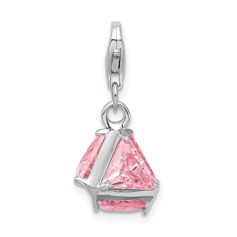 925 Sterling Silver Polished 3-D Pink CZ Bracelet Charm with Fancy Lobster Clasp